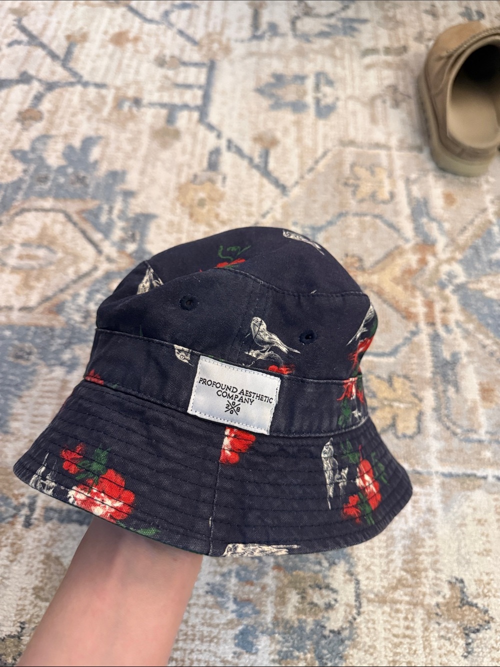 L.L. Bean Black Bucket Hat with Red Floral Print